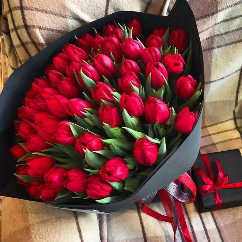 Букет 79 красных тюльпанов в черной упаковке