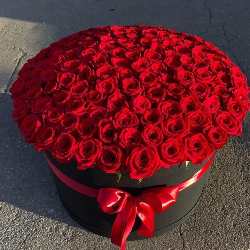 101 красная крупная роза в шляпную коробку