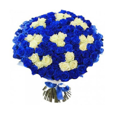 Букет 101 синяя роза с белым в упаковке с лентами