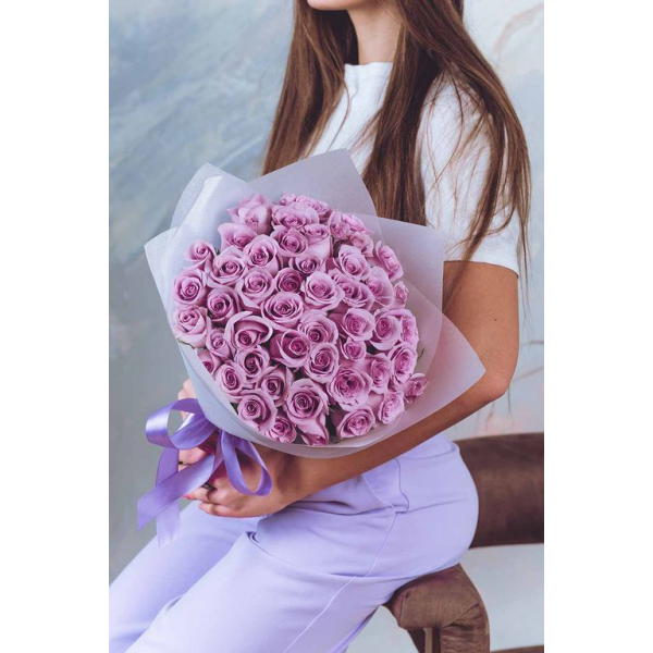 Букет 29 розовых роз с упаковкой и лентой (40см)
